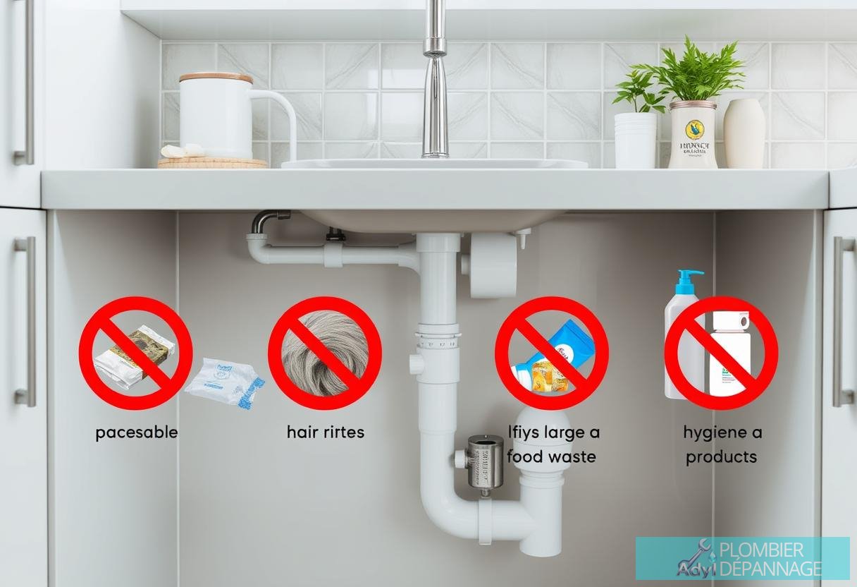 Illustration for section: Prévention des Bouchons dans le Sanibroyeur Bonnes pratiques d'utilisation Que ne pas jeter dans le - débouchage sanibroyeur