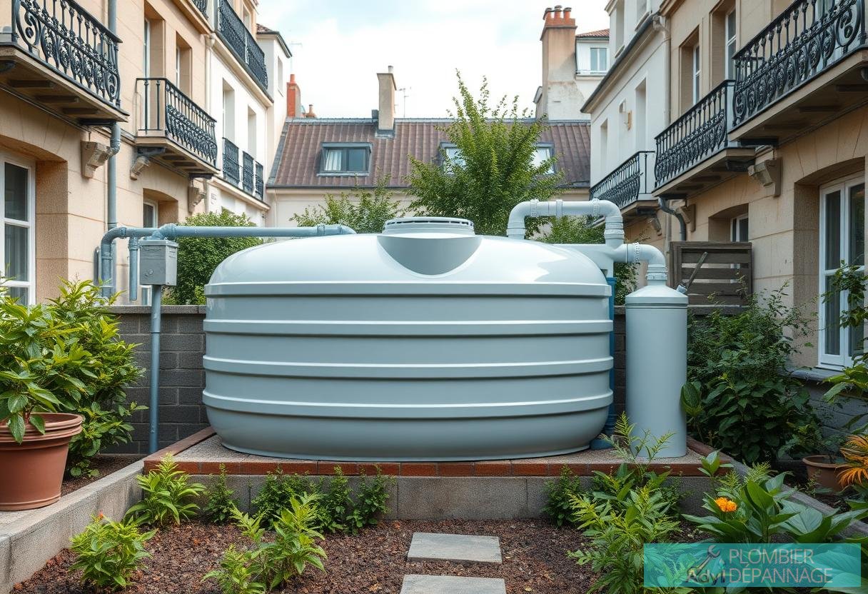 Illustration for section: Installation et fonctionnement : Un réservoir est installé pour stocker l'eau recueillie, accompag - plomberie durable paris